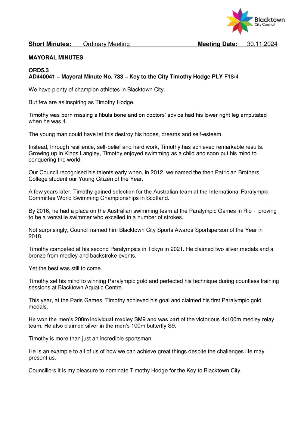 Timothy Hodge - Key to the City (Mayoral Minute No. 733), 2024