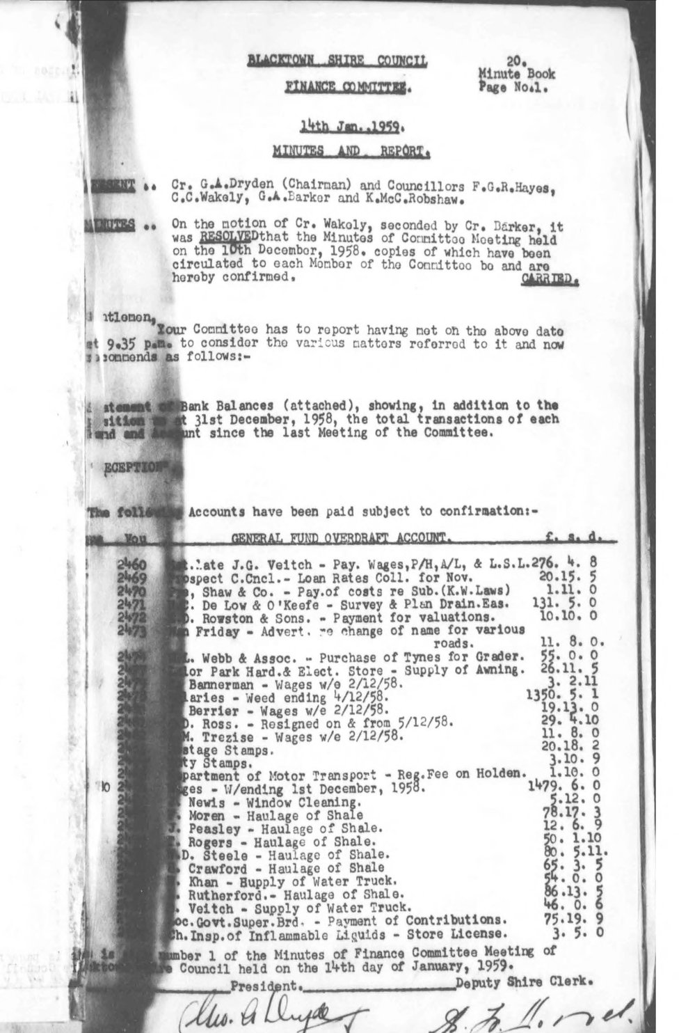Blacktown Shire Council Minutes, Finance Committee, 1959