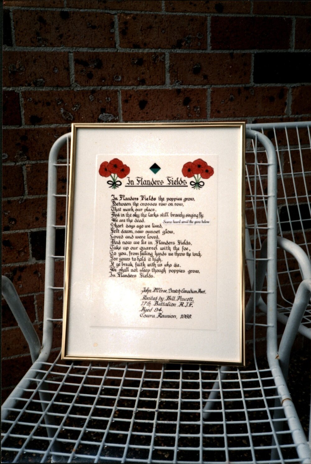 ANZAC Day poem presented to Bill Pincott
