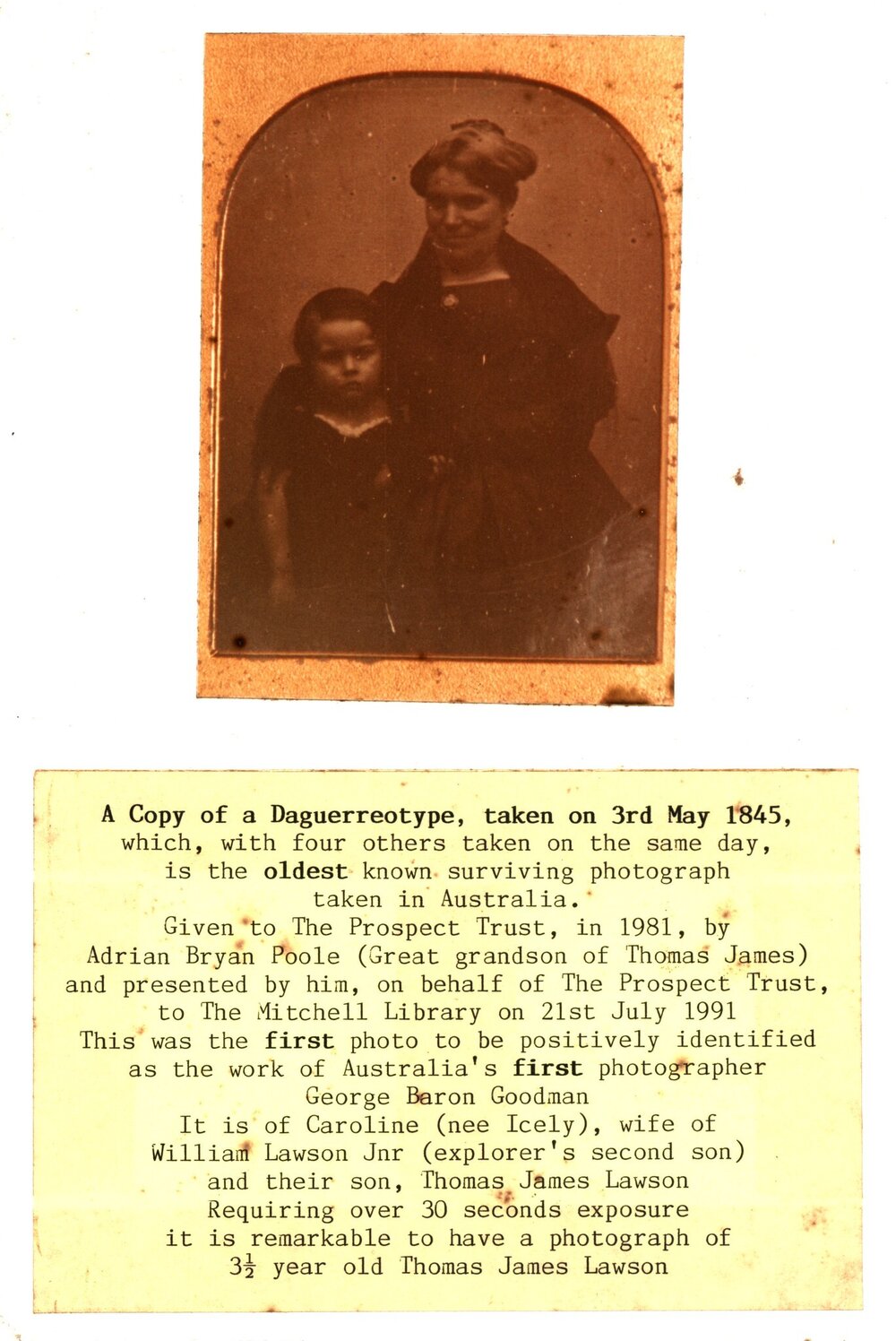 Caroline Lawson (nee Icely) and son Thomas James Lawson, 1845