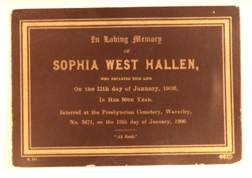 Sophia West Hallen memorial plaque