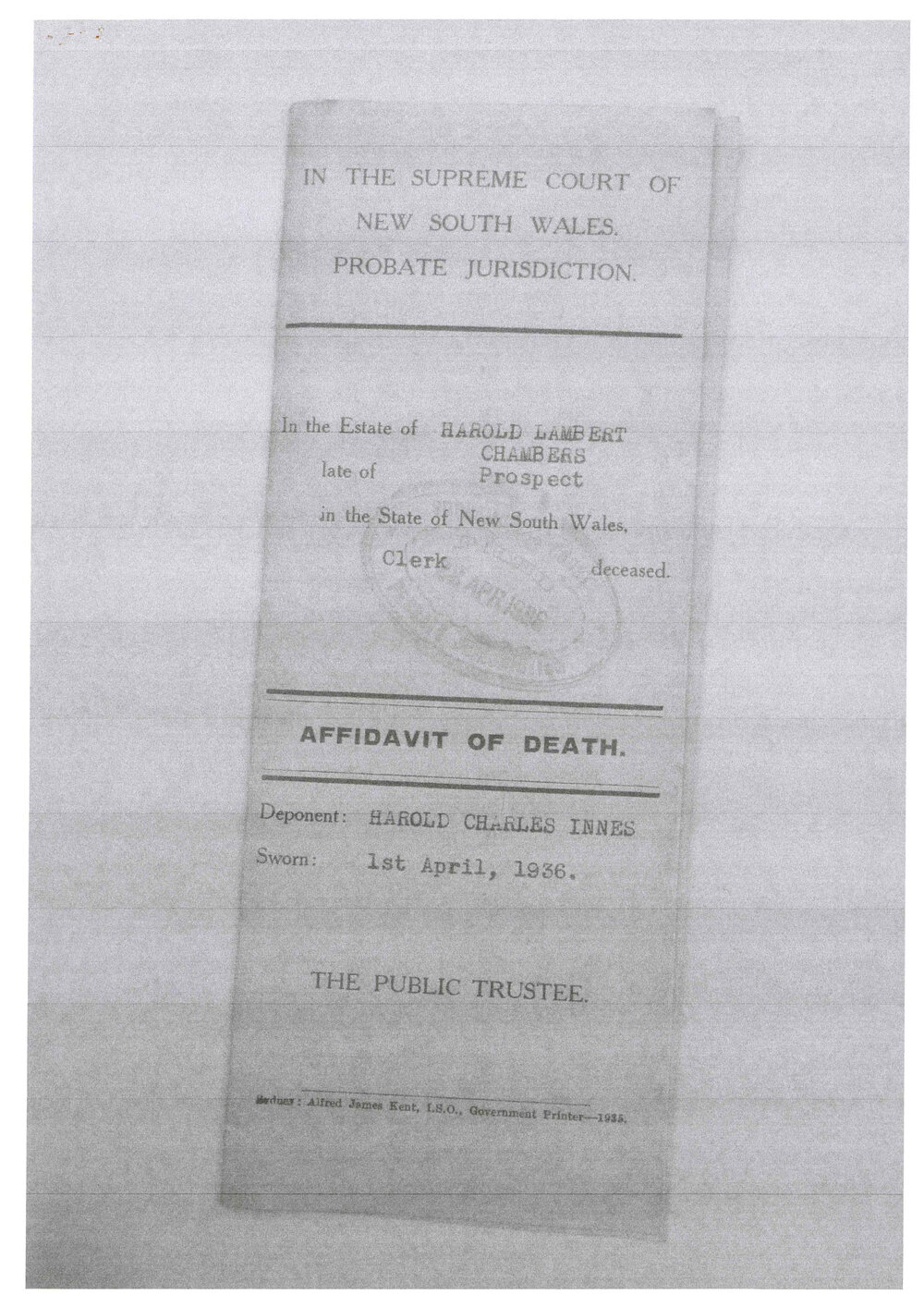 Harold Lambert Chambers documents, died 1936