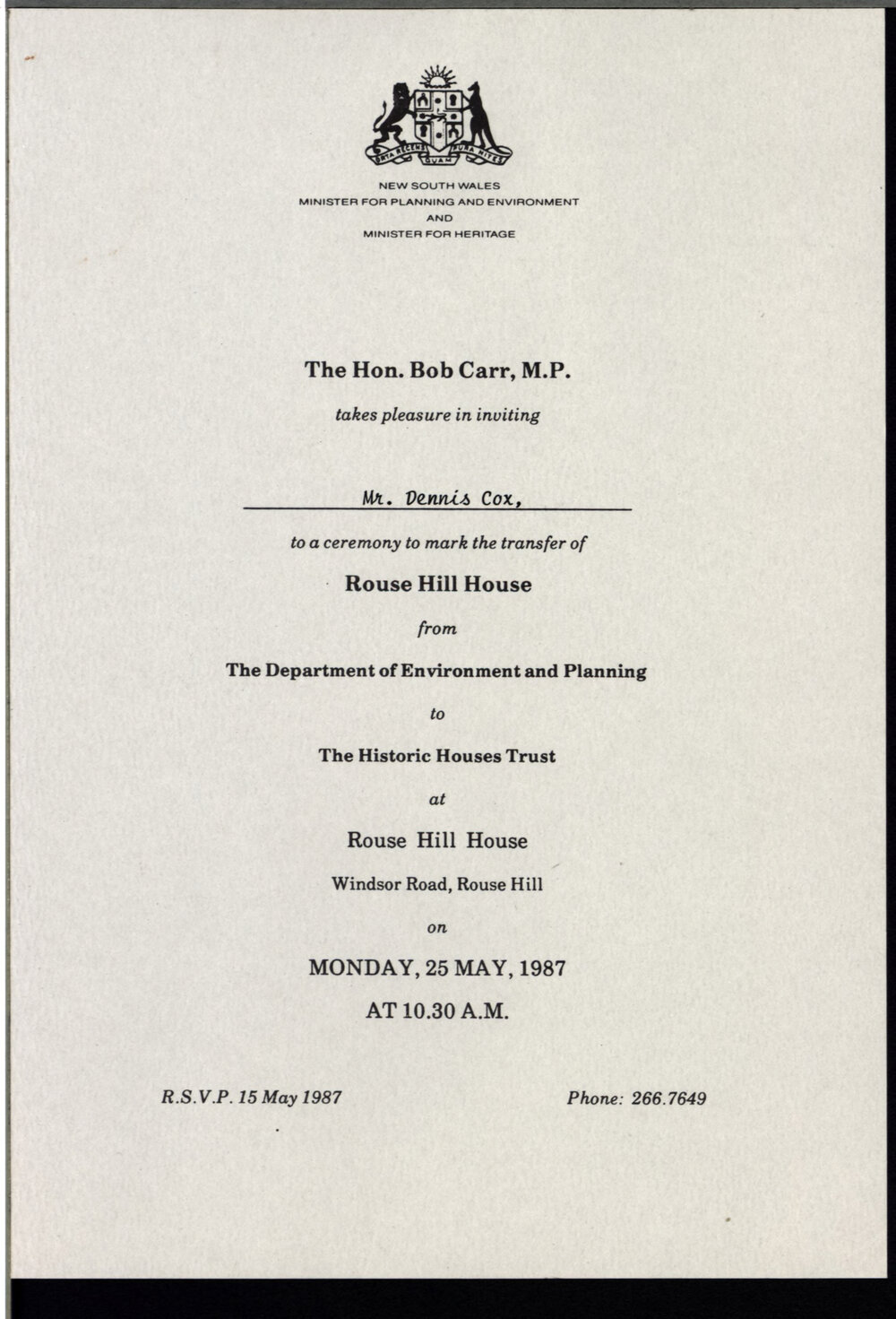 Invitation for Rouse Hill House transfer, 1987