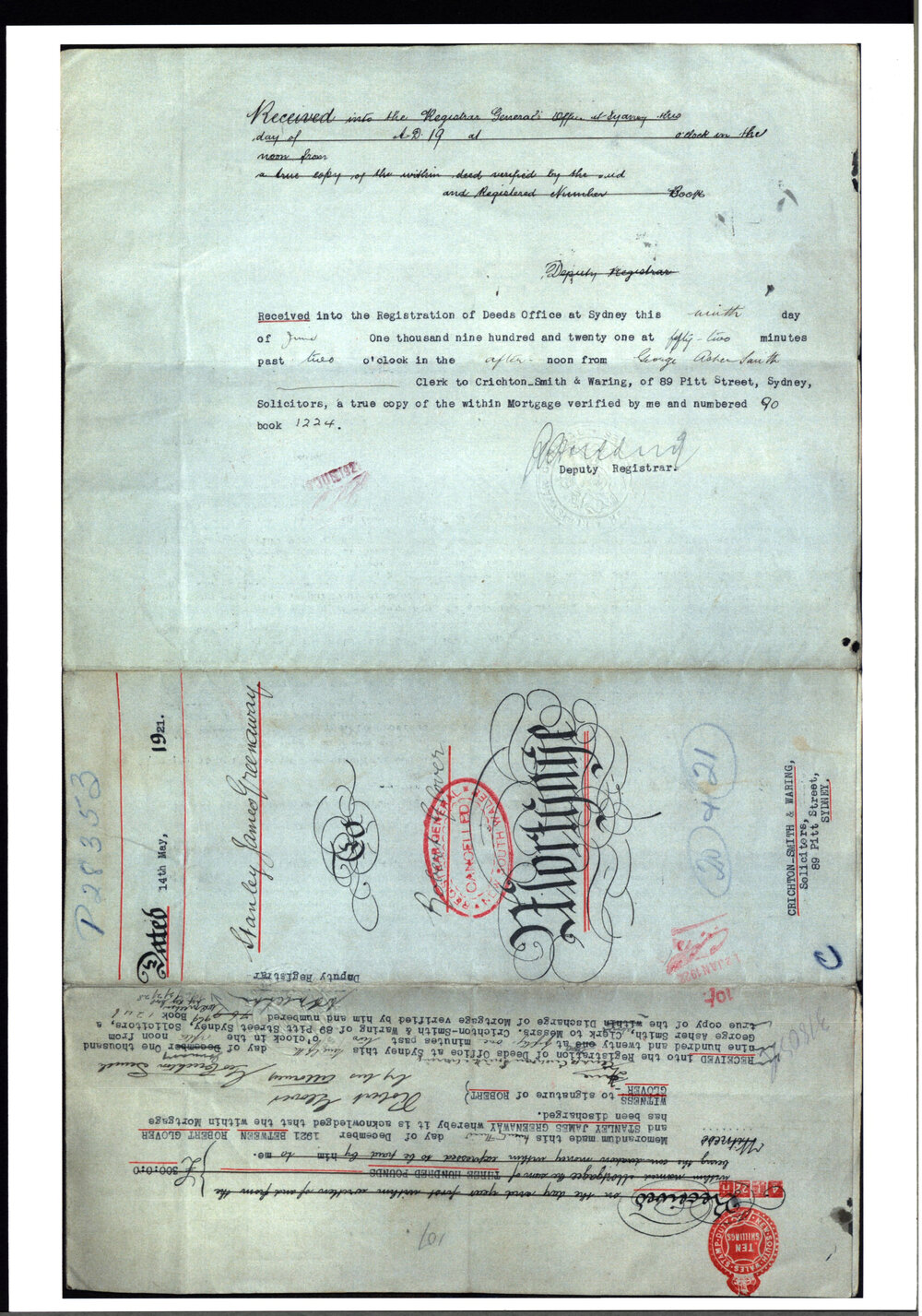 Greenaway to Glover mortgage, Flushcombe area, 1921