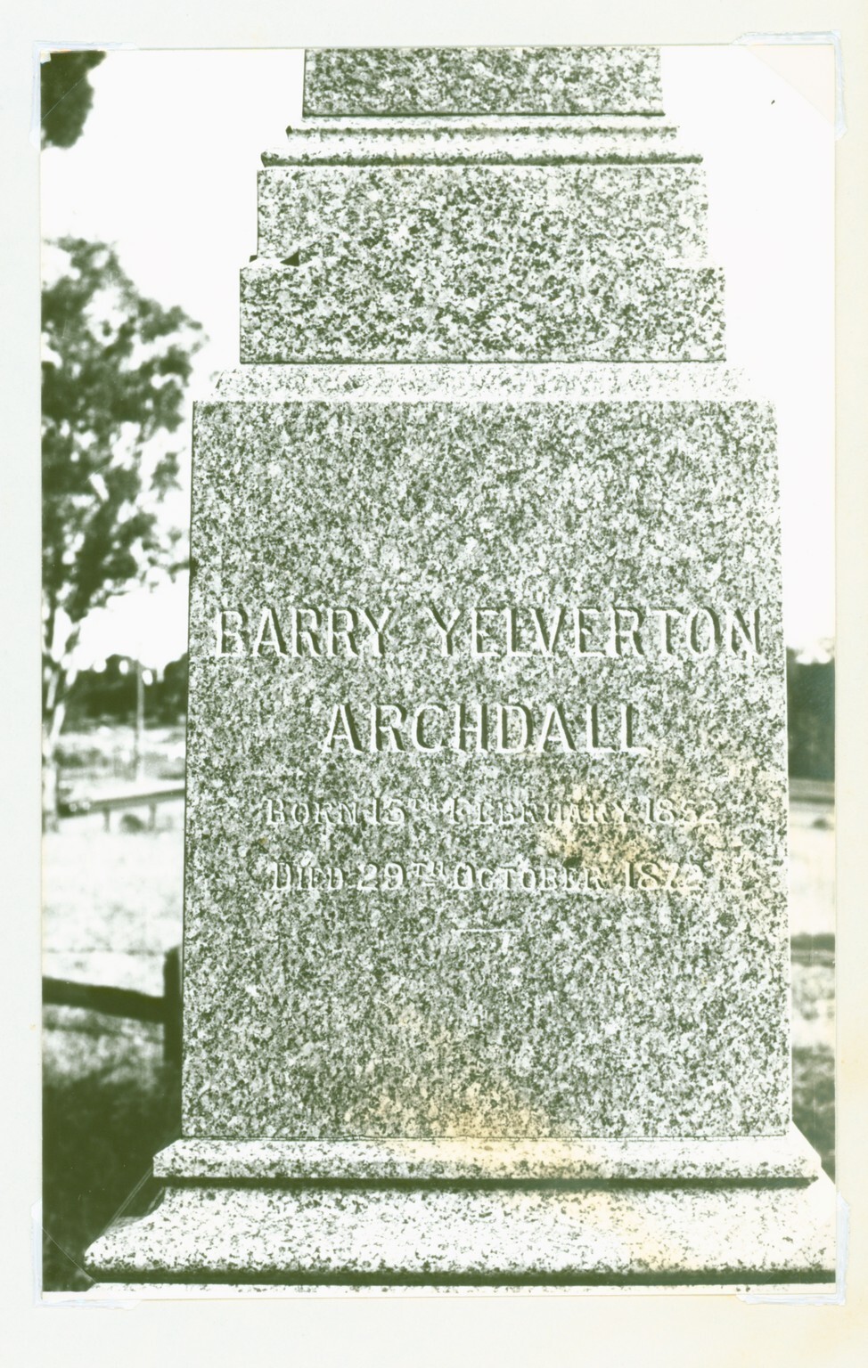 Barry Yelverton Archdall grave text, Pearce Cemetery, c1978