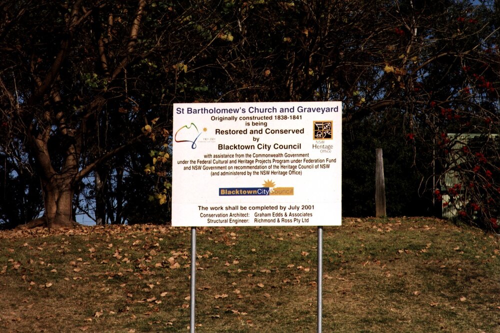 St Bartholomew's Church restoration sign, Prospect