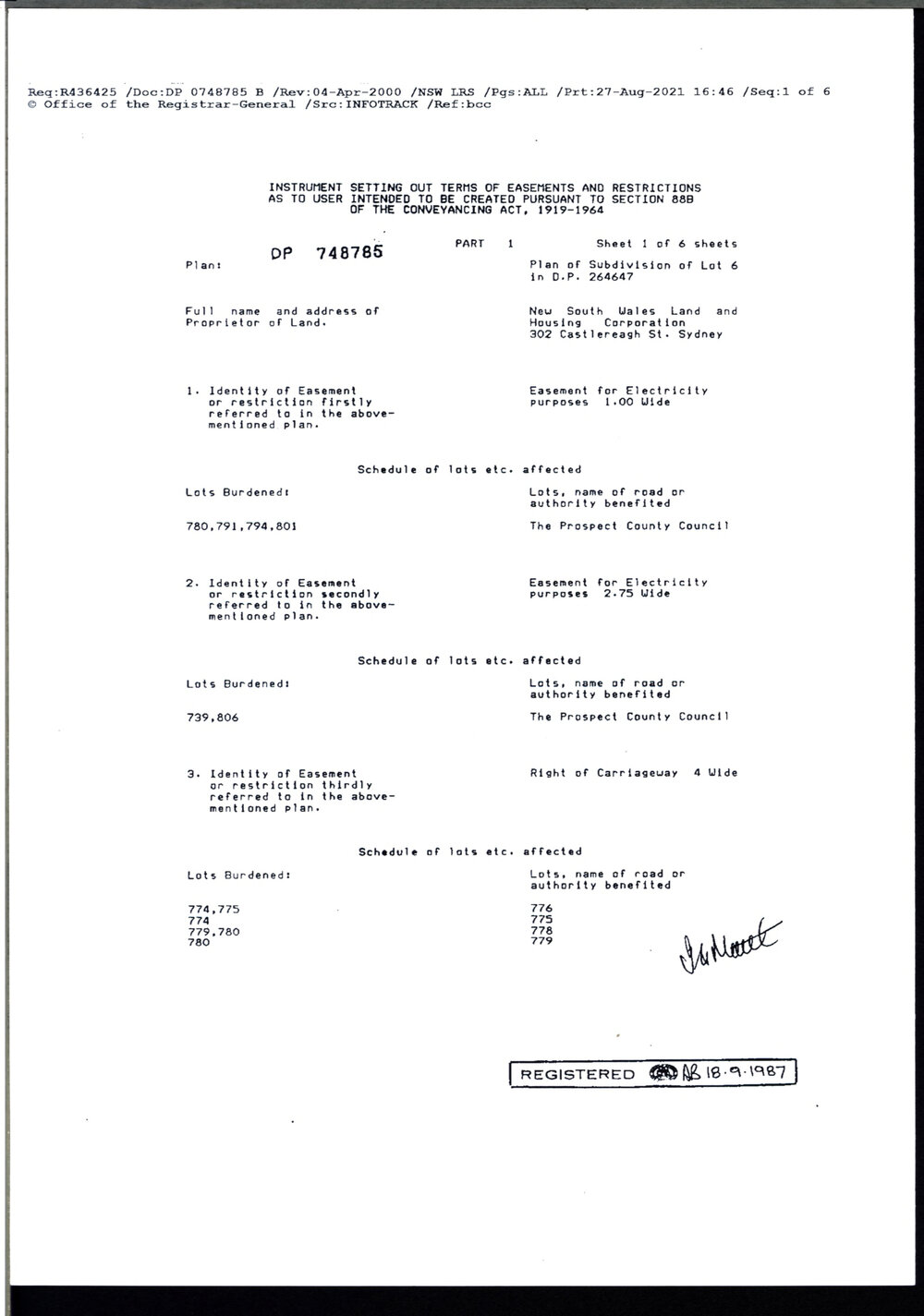 Easements water and electricity, Doonside, 1987