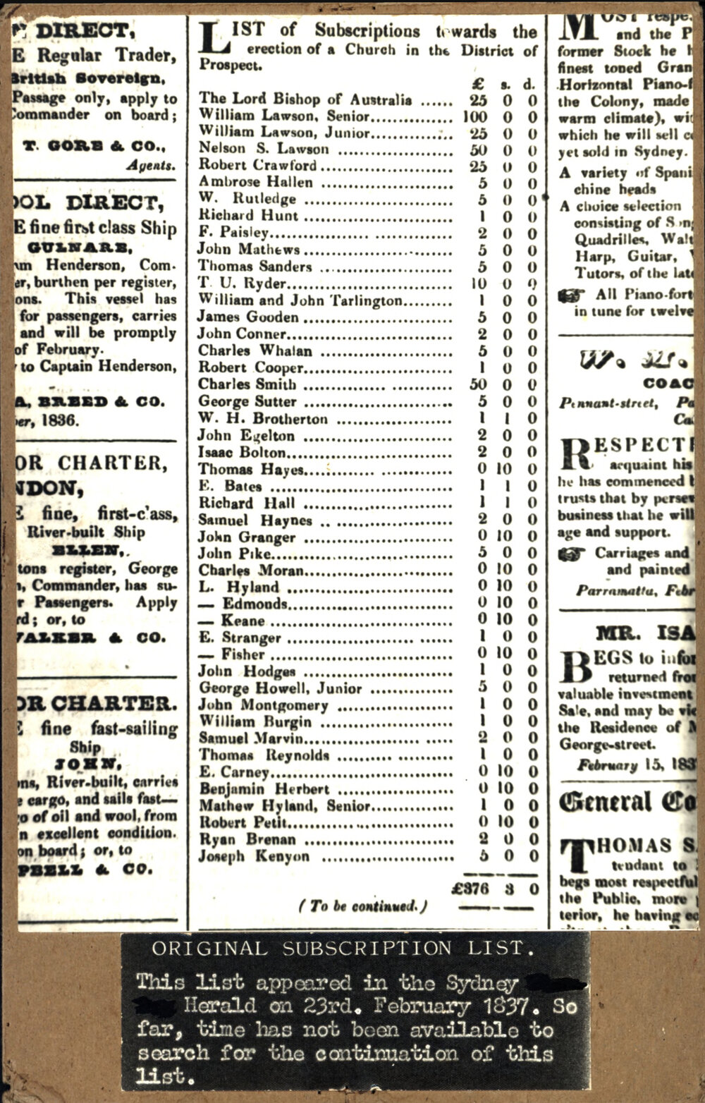 St Bartholomew's Church original subscription list, 1837