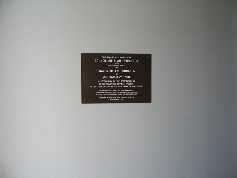 St Bartholomew's Church restoration plaque, Prospect