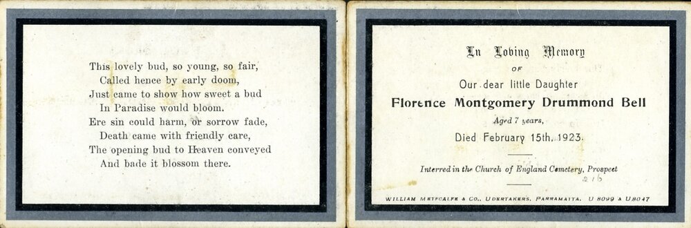 Florence Montgomery Drummond Bell funeral card, 1923
