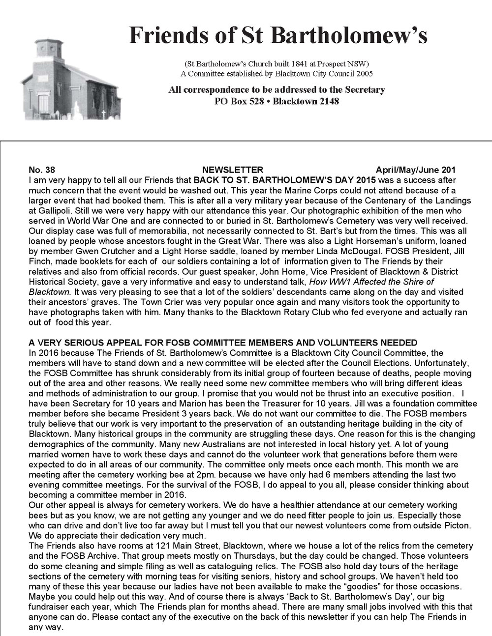 Friends of St Bartholomew's newsletter, No 38, 2015