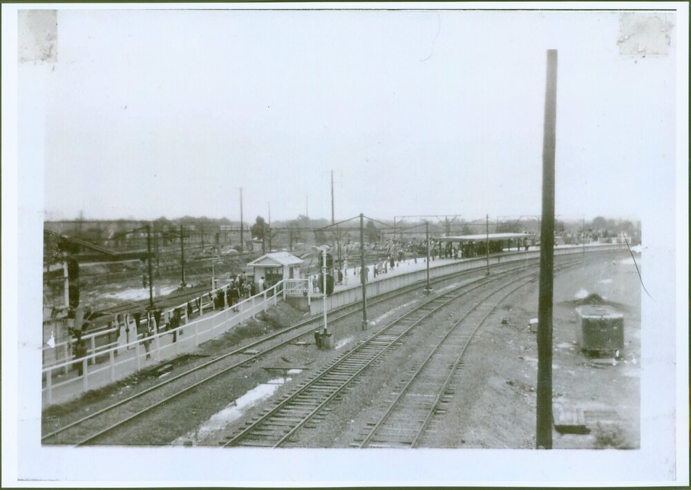 Blacktown station awaiting first electric train, 1955