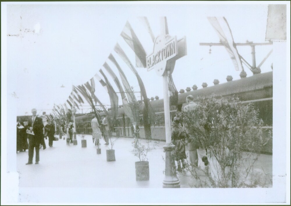 Blacktown station decorations, first electric train, 1955