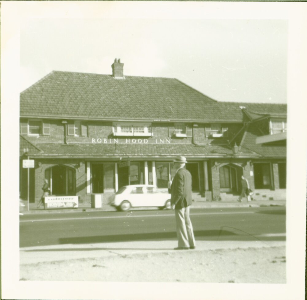 Robin Hood Inn with man, c1960s