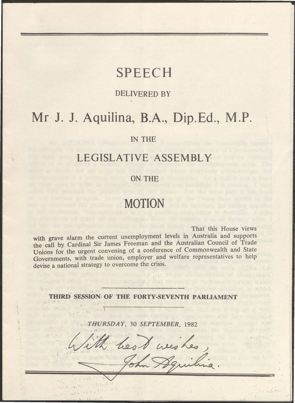 John Aquilina NSW Parliament speech, 1982
