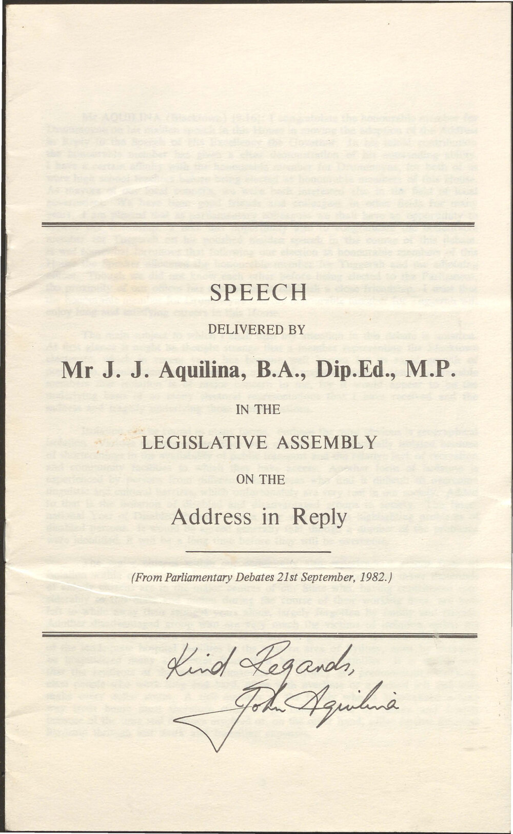John Aquilina NSW Parliament speech, 1982