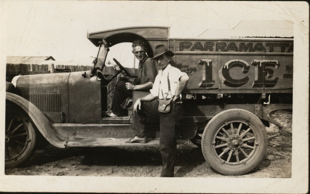 Photograph: Charlie Russell and George Craig with the Parramatta Ice Works truck