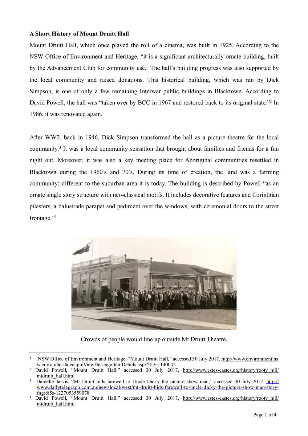 A short history of  Mount Druitt Hall