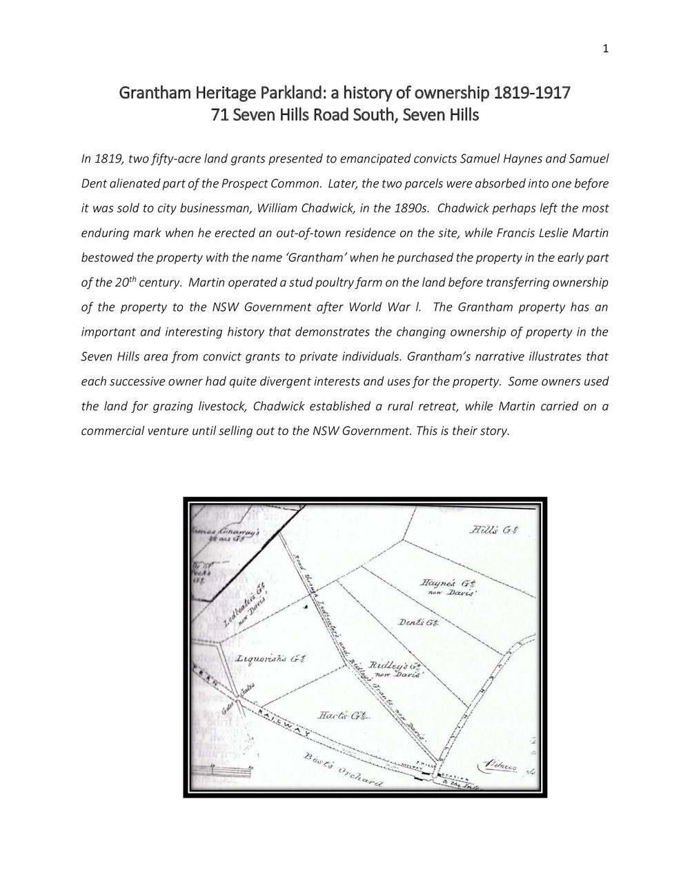 Grantham Heritage Parkland: a history of ownership 1819-1917