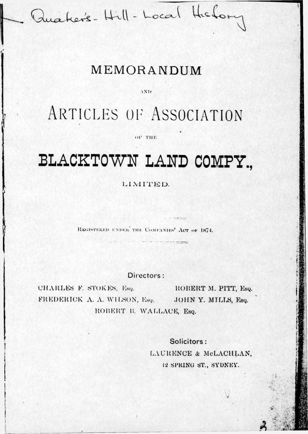 Memorandum and Articles of Association of the Blacktown Land Company Limited