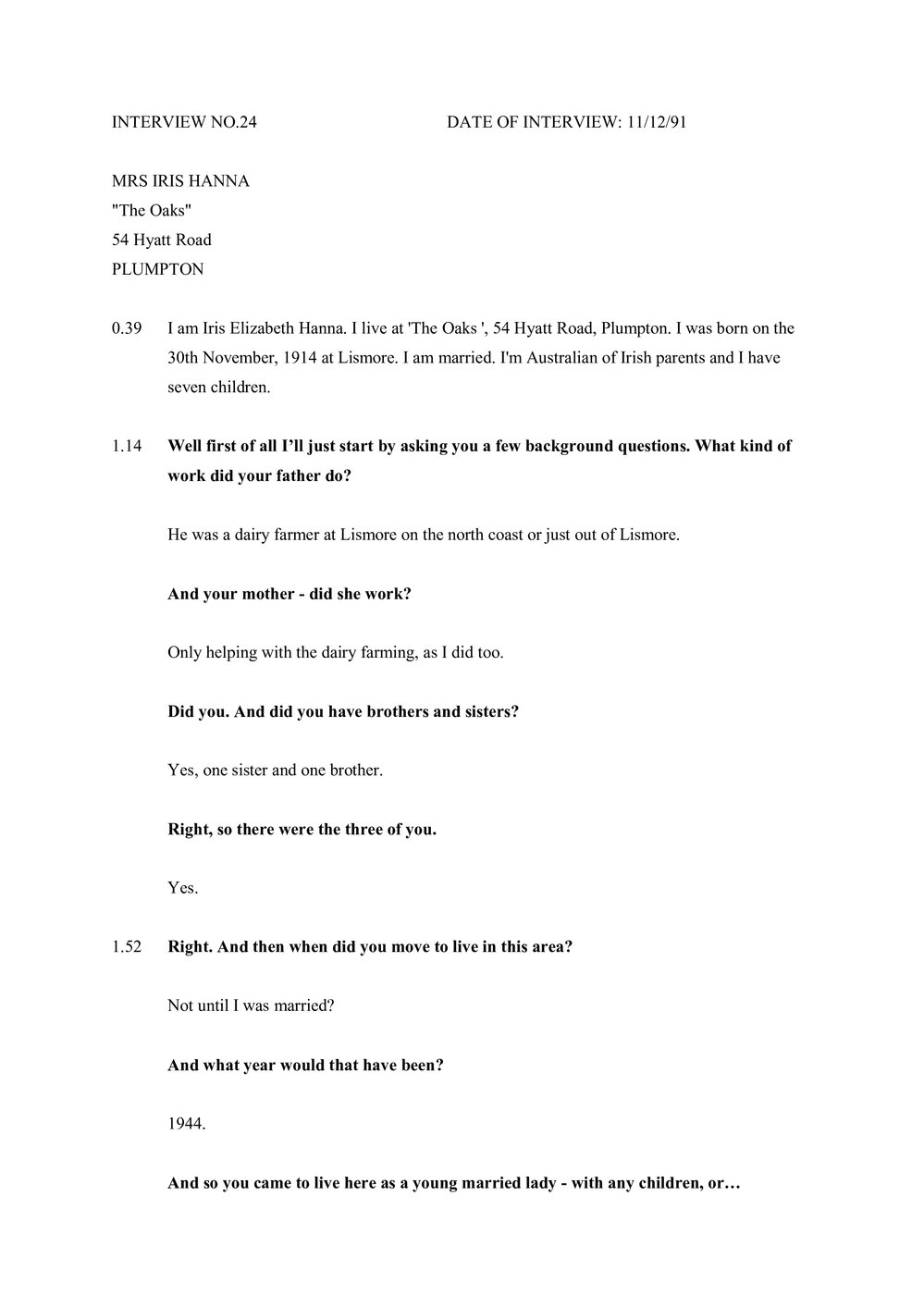 Transcript of Oral History with Iris Hanna