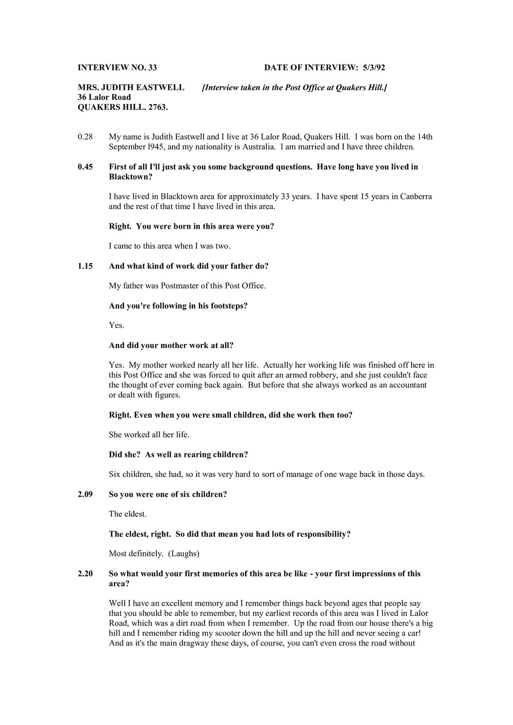 Transcript of Oral History with Judith Eastwell