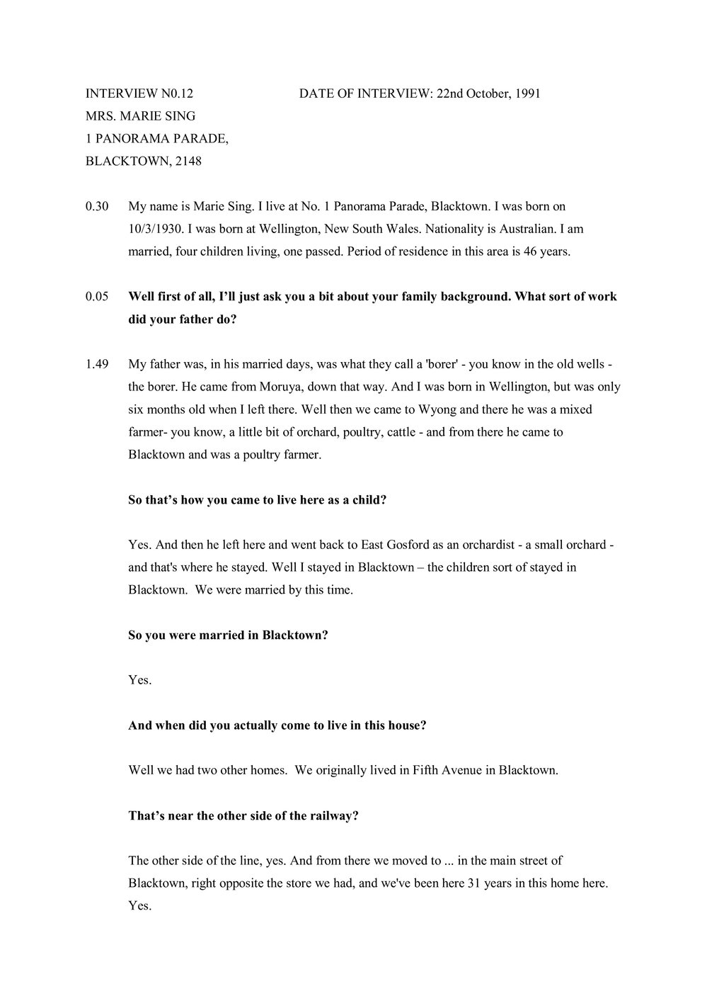 Transcript of Oral History with Marie Sing