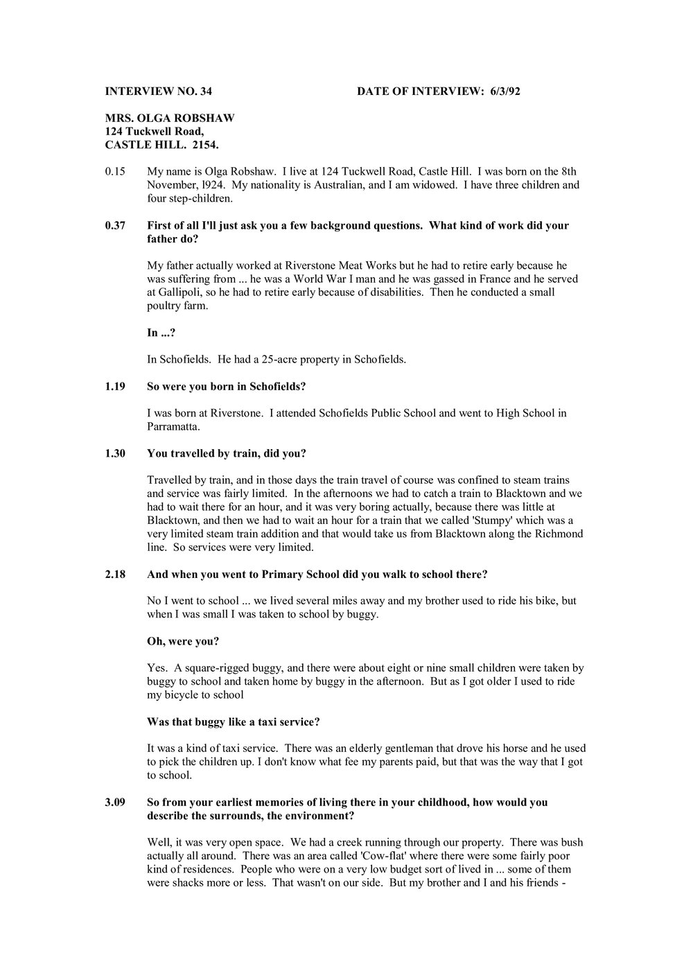 Transcript of Oral History with Olga Ellis Robshaw (nee Davis)