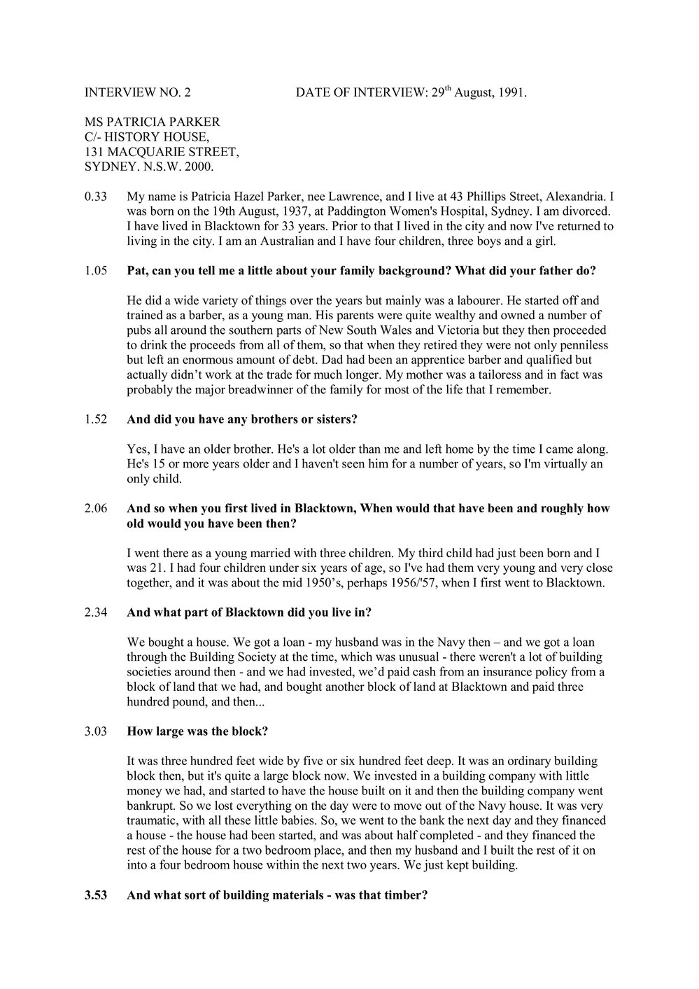 Transcript of Oral History with Patricia (Pat) Parker, OAM