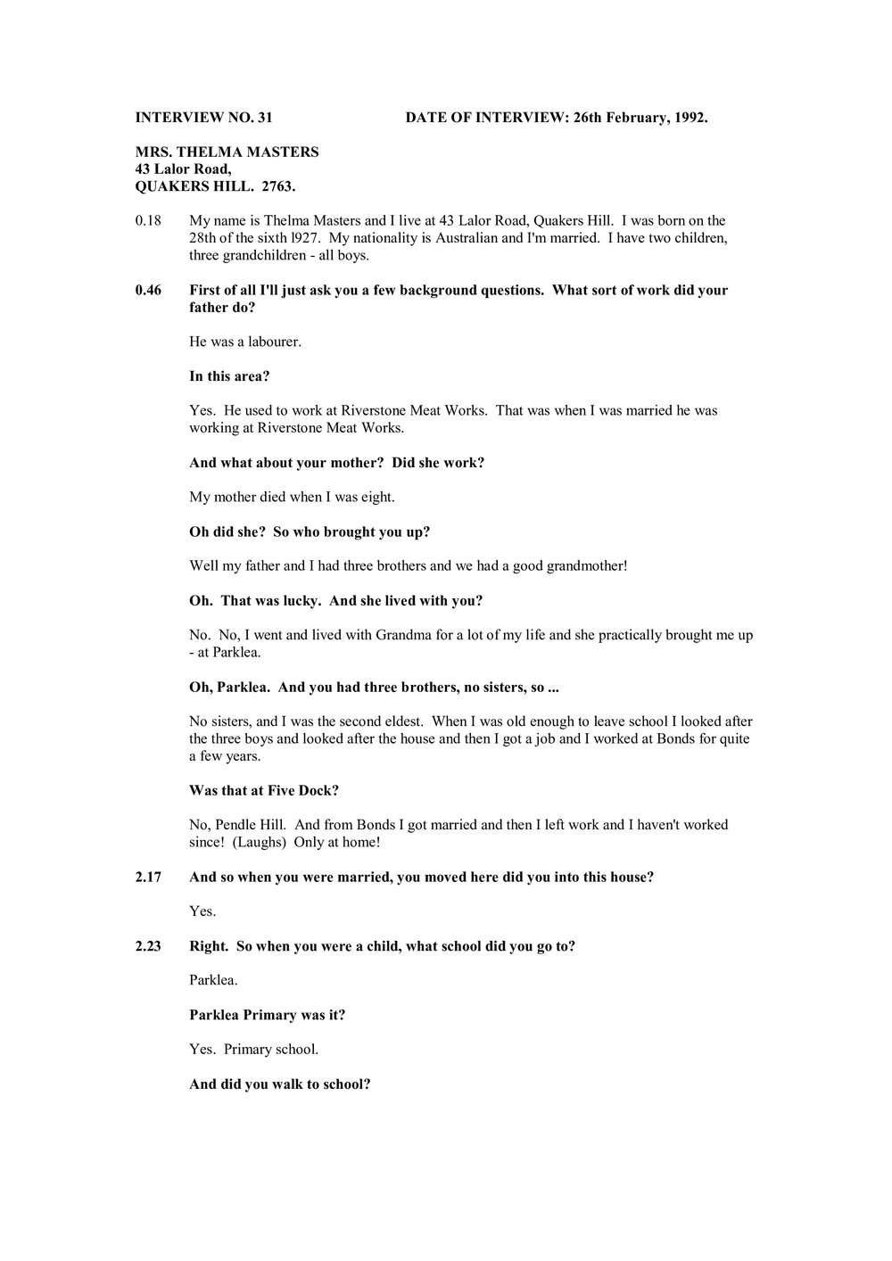 Transcript of Oral History with Thelma Masters