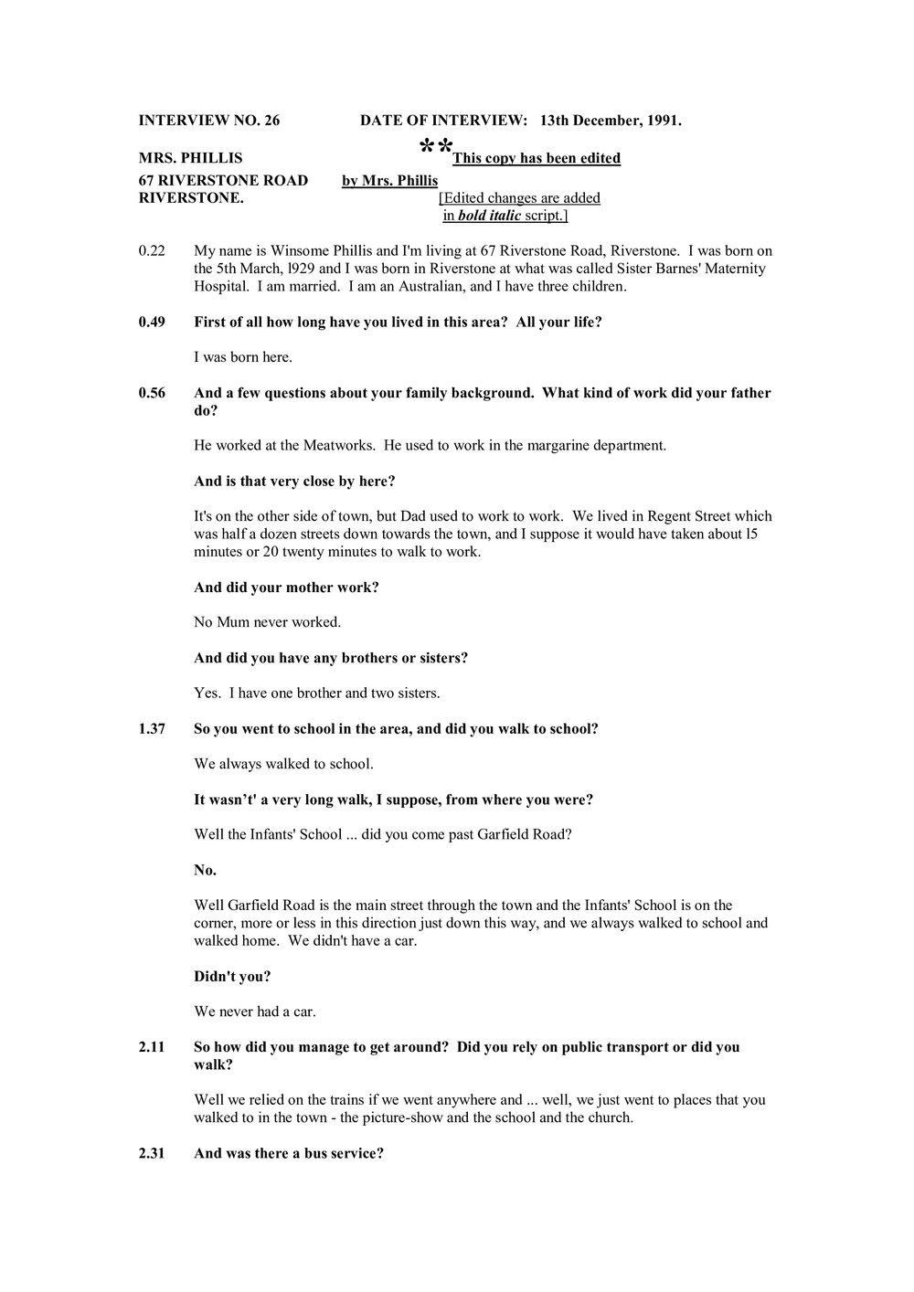 Transcript of Oral History with Winsome (Win) Phillis