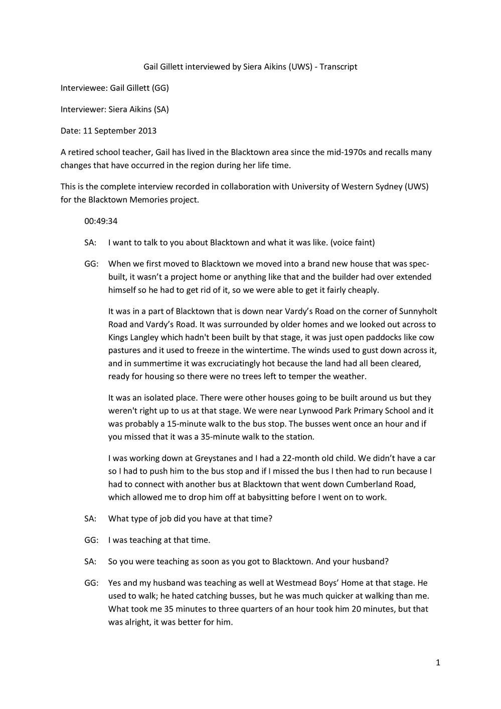 Transcript of Oral History with Gail Gillett