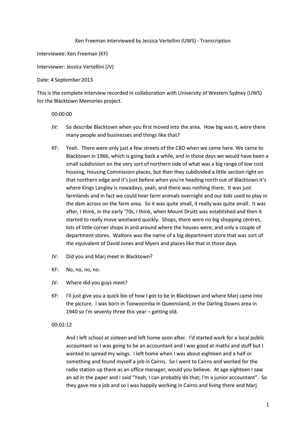 Transcript of the Oral History with Kenneth Freeman OAM