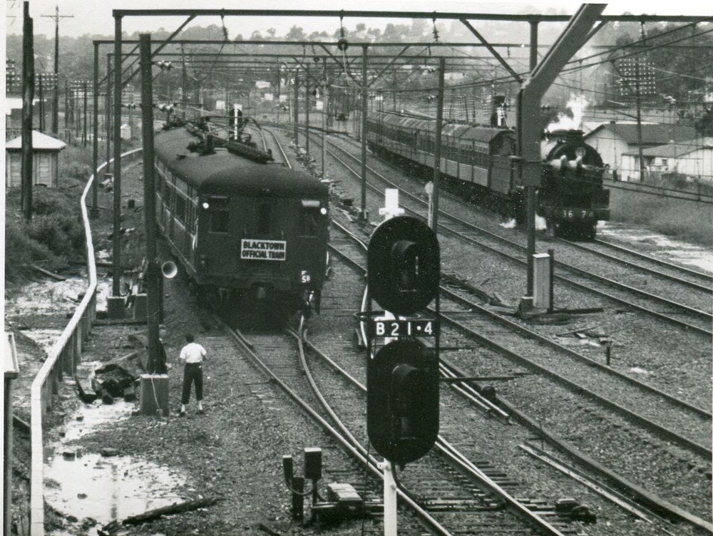 Electric train arriving at Blacktown, 1955