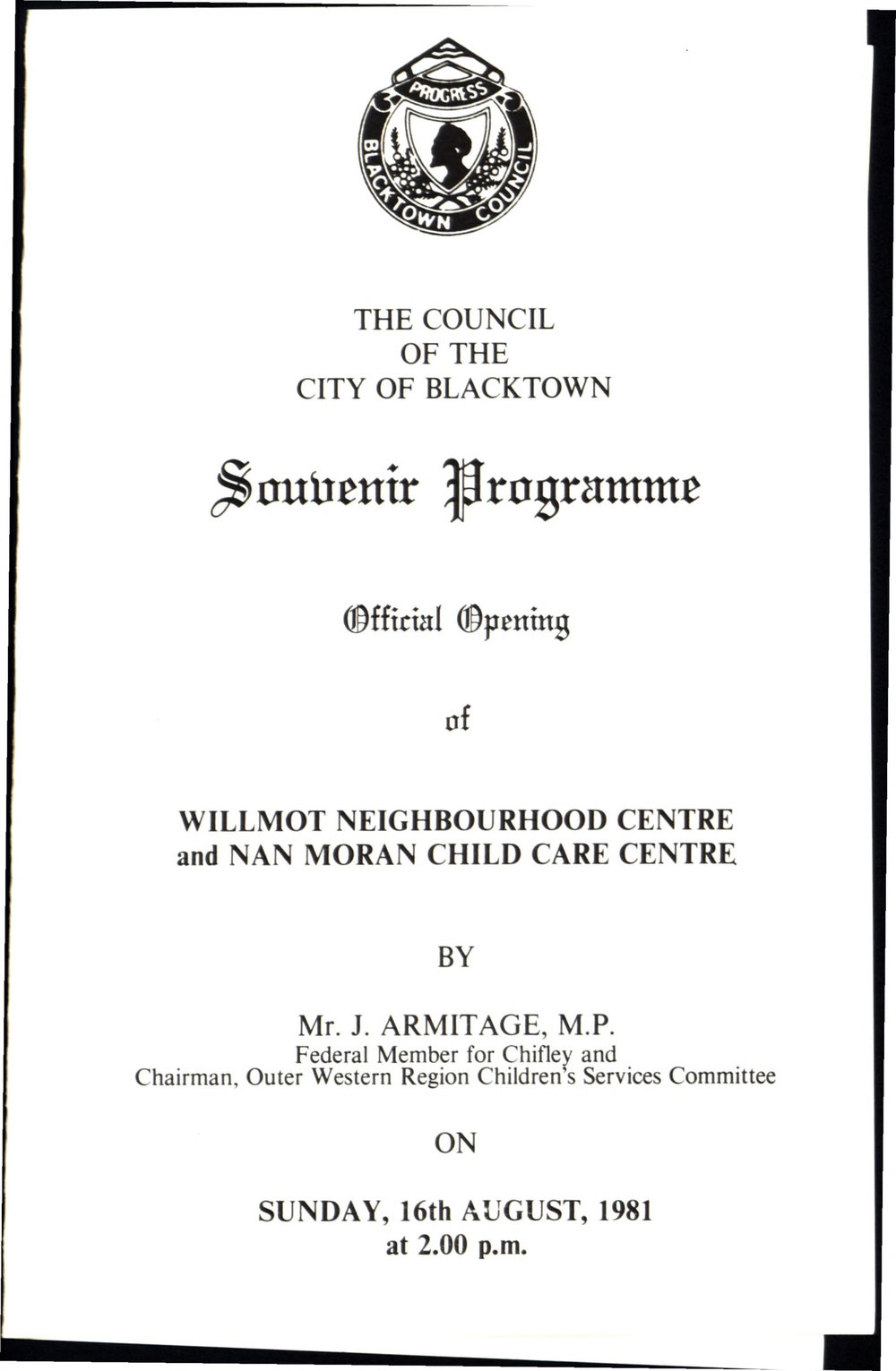 Willmot Neighbourhood Centre, official opening programme