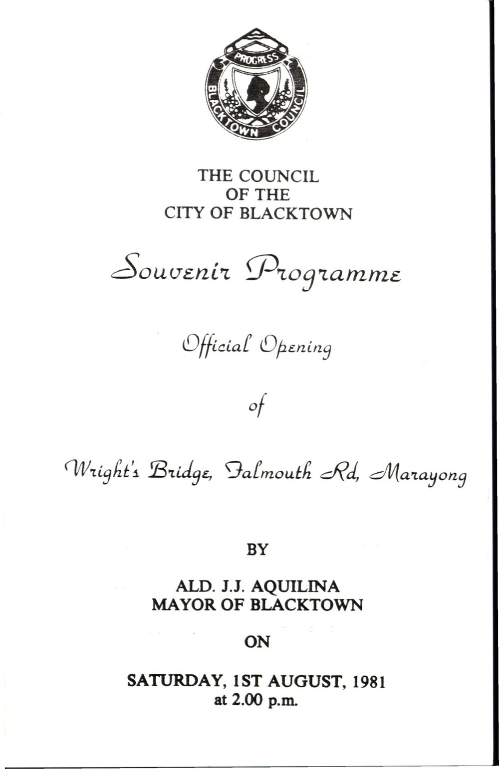 Wright's Bridge Marayong, official opening programme