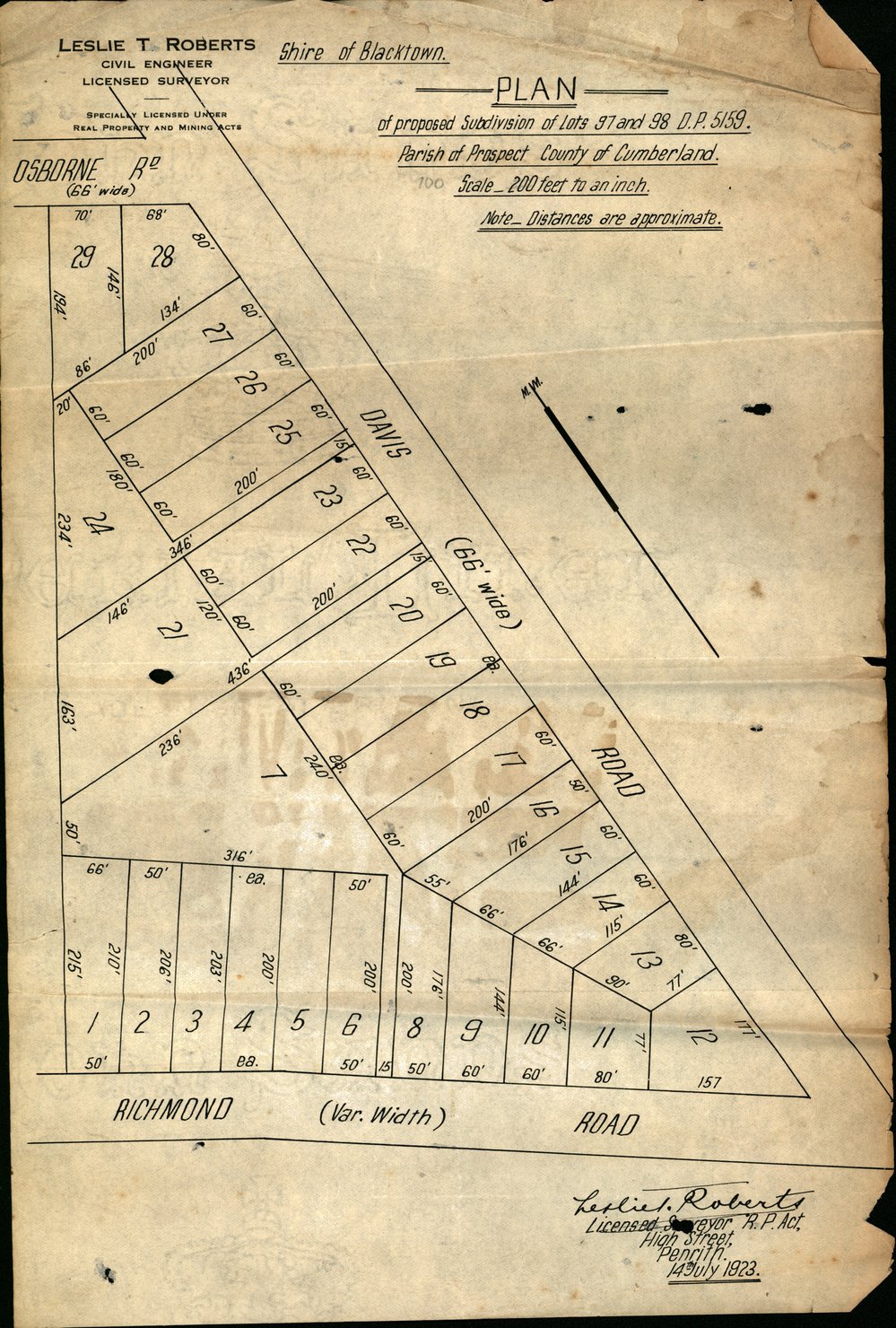 Shire of Blacktown, Davis Road proposed subdivision plan, 1923