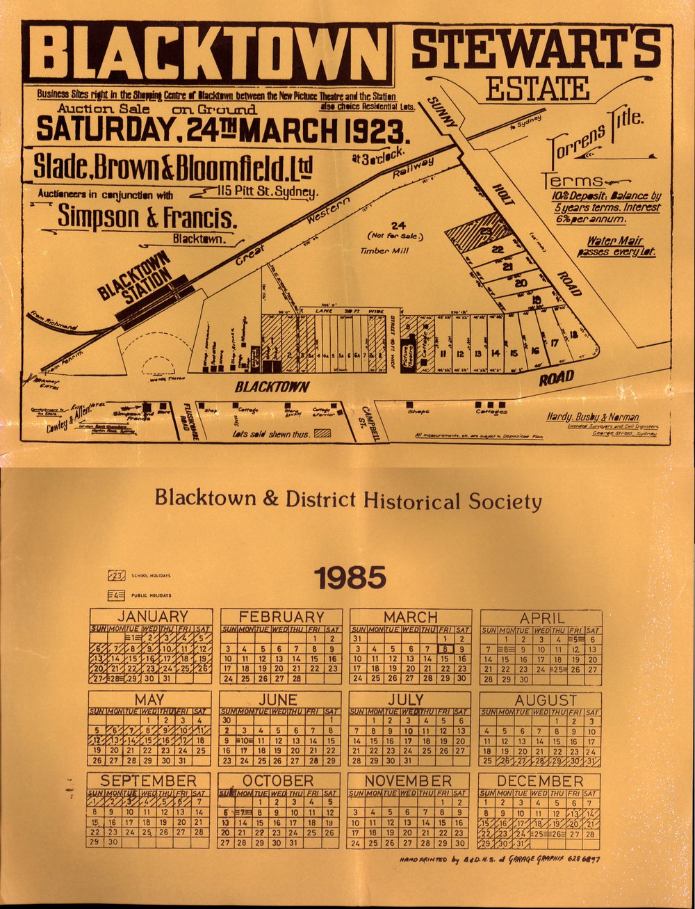 1985 Calendar with Blacktown Stewart's Estate map