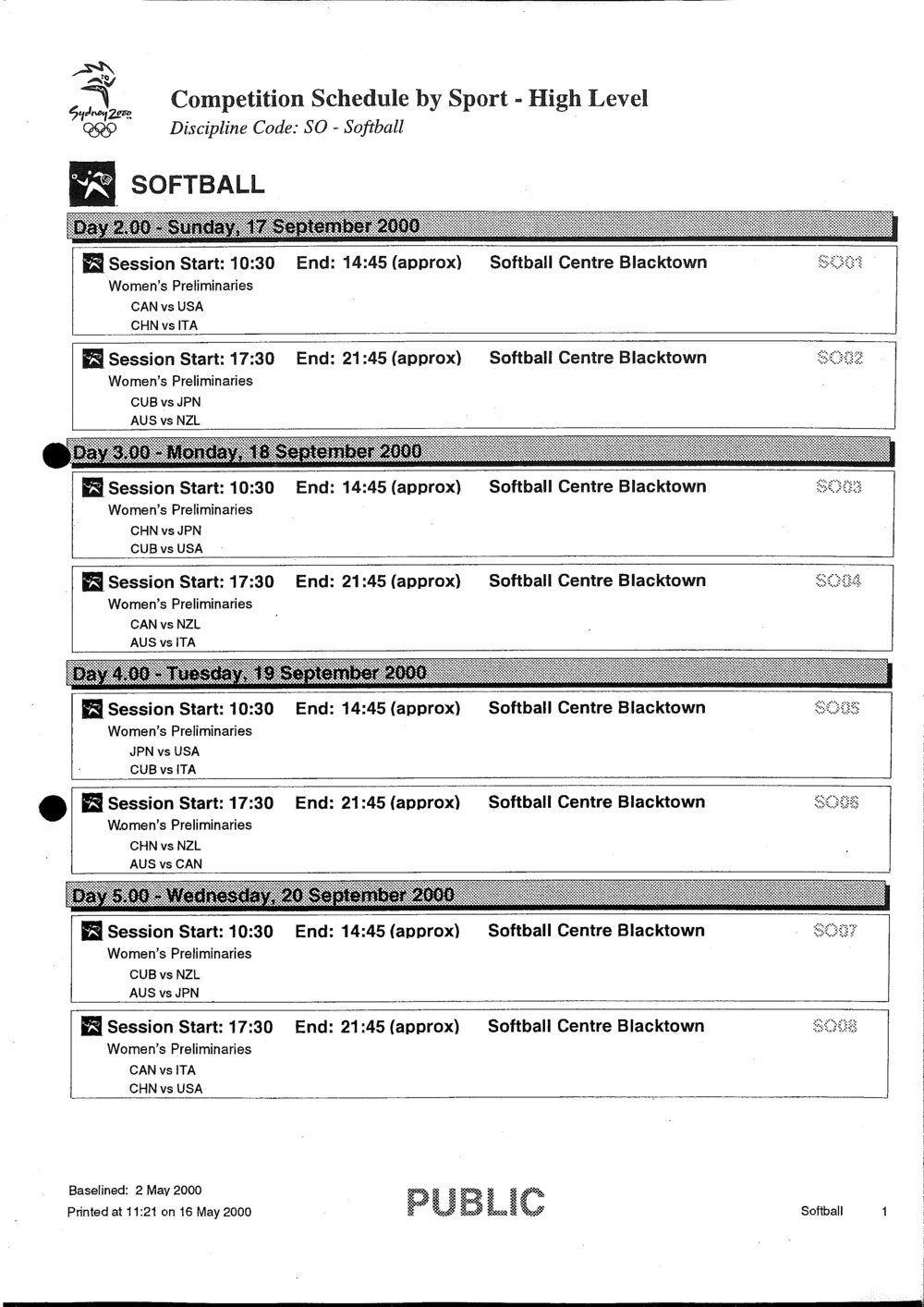 2000 Olympics Softball schedule