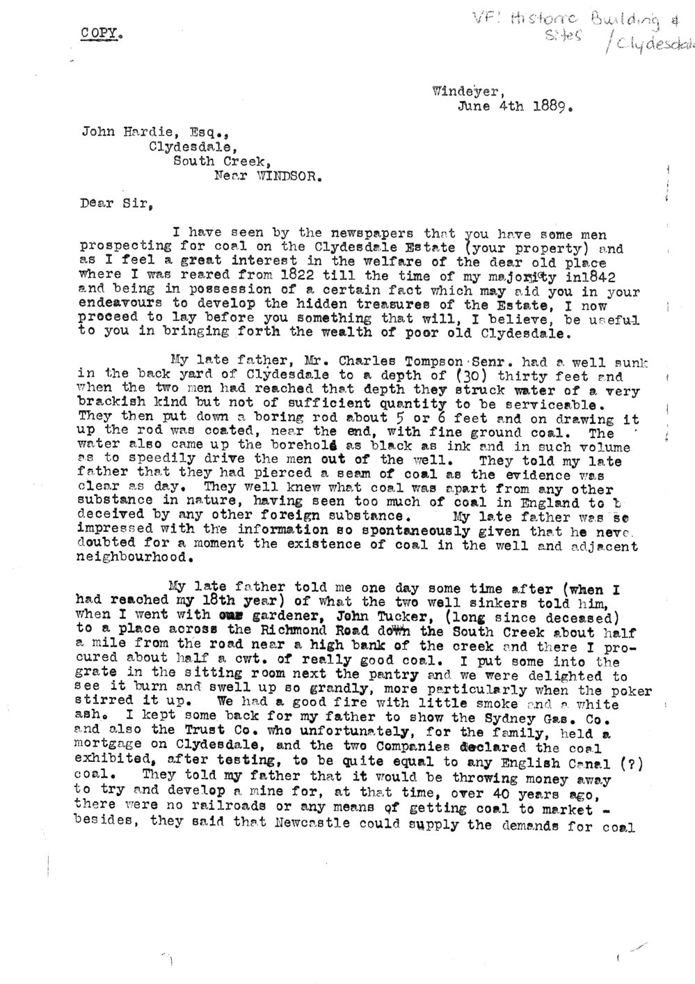  Letter from Alfred F Tompson to John Hardie, Clydesdale
