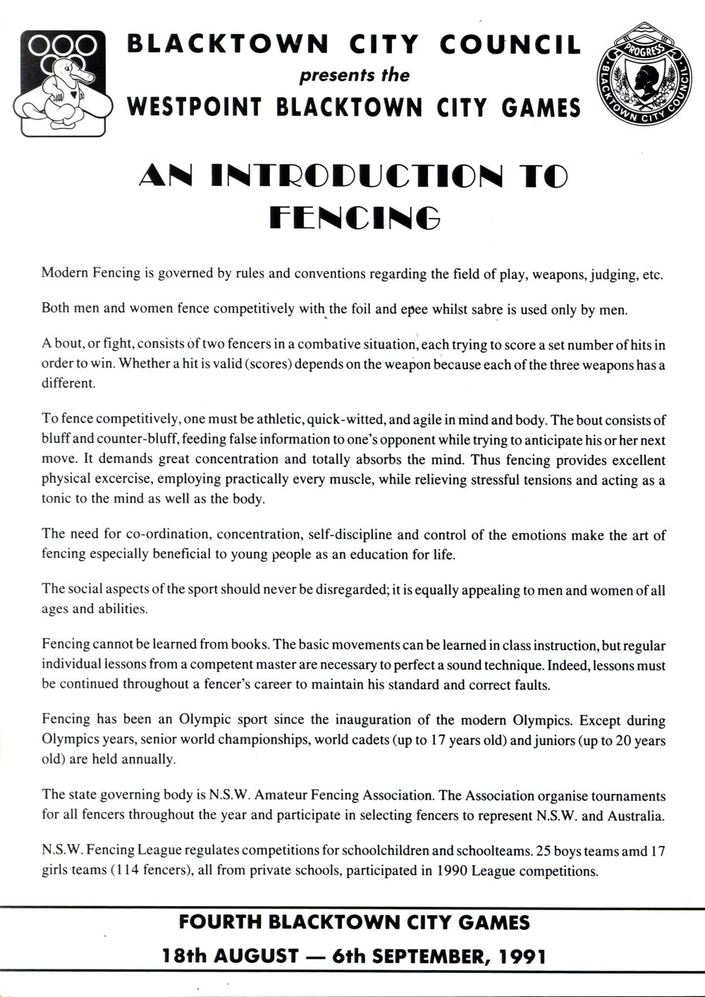 An Introduction to Fencing, Blacktown City Games 1991