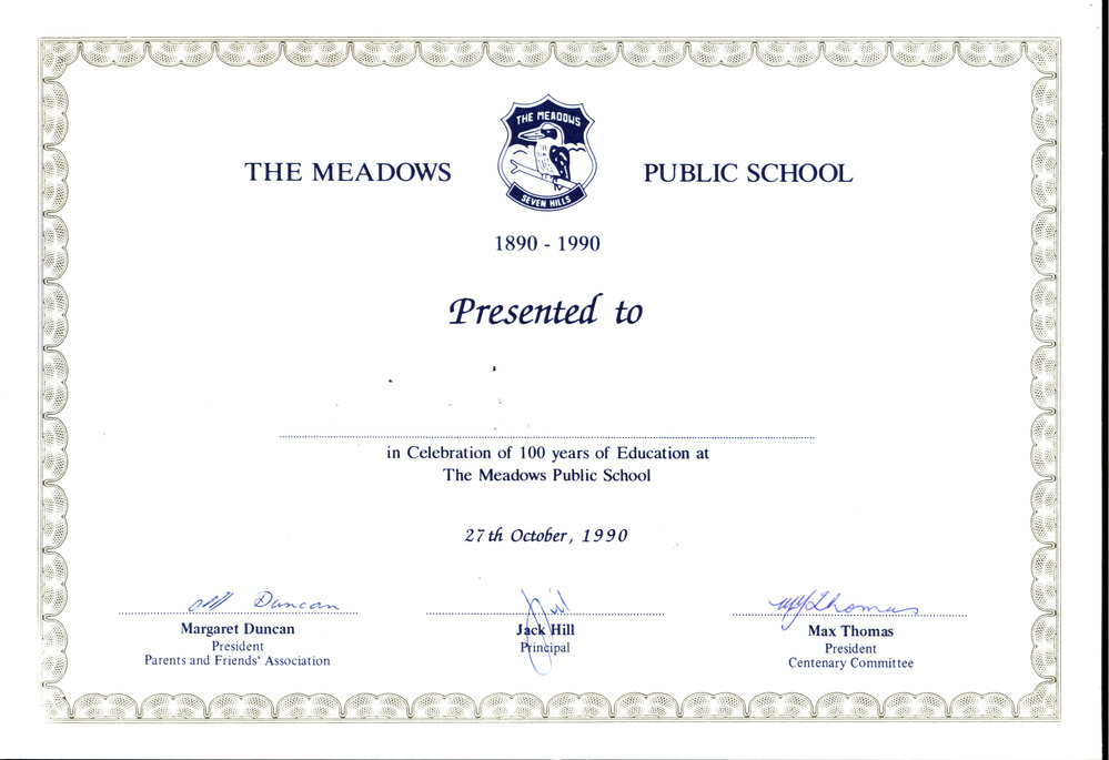 Meadows Public School - Centenary Certificate, 1990