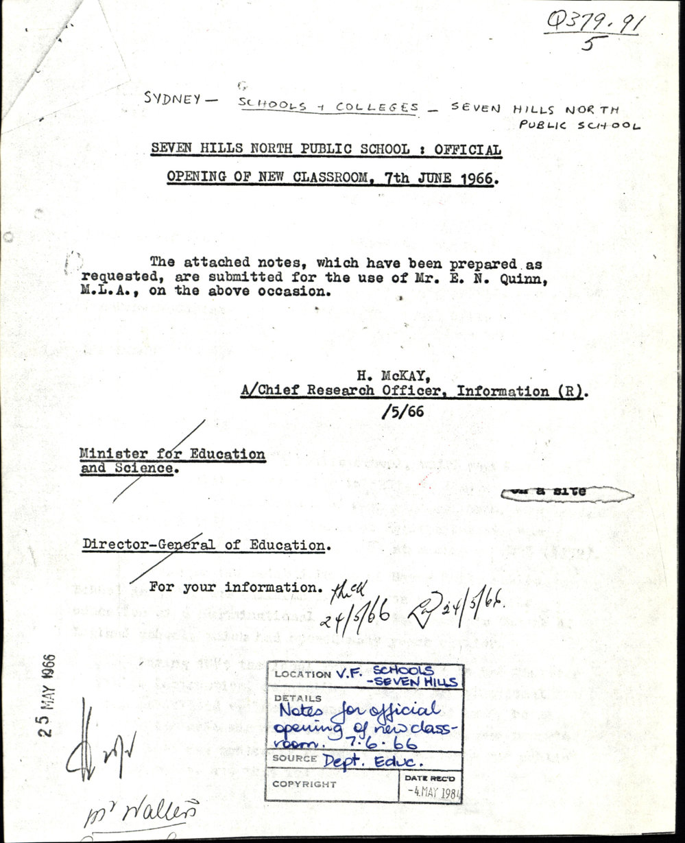 Seven Hills North Public School, official opening of classroom,1966