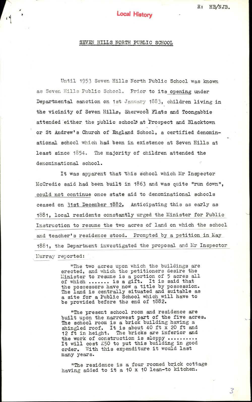 Seven Hills North Public School history