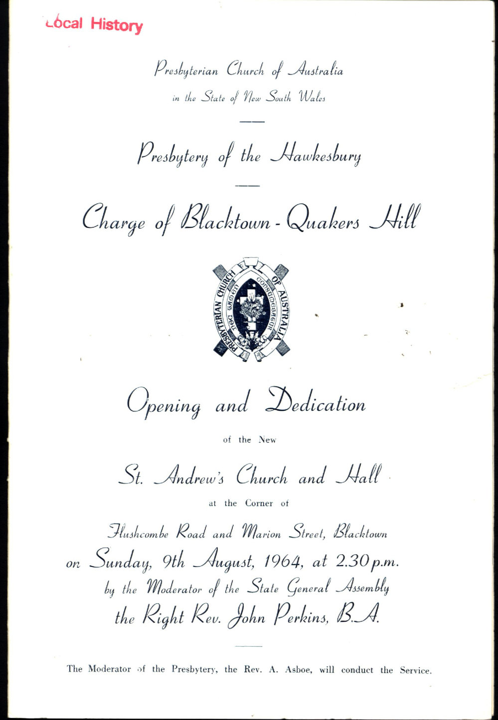St Andrew's Presbyterian Church and Hall Blacktown - opening and dedication
