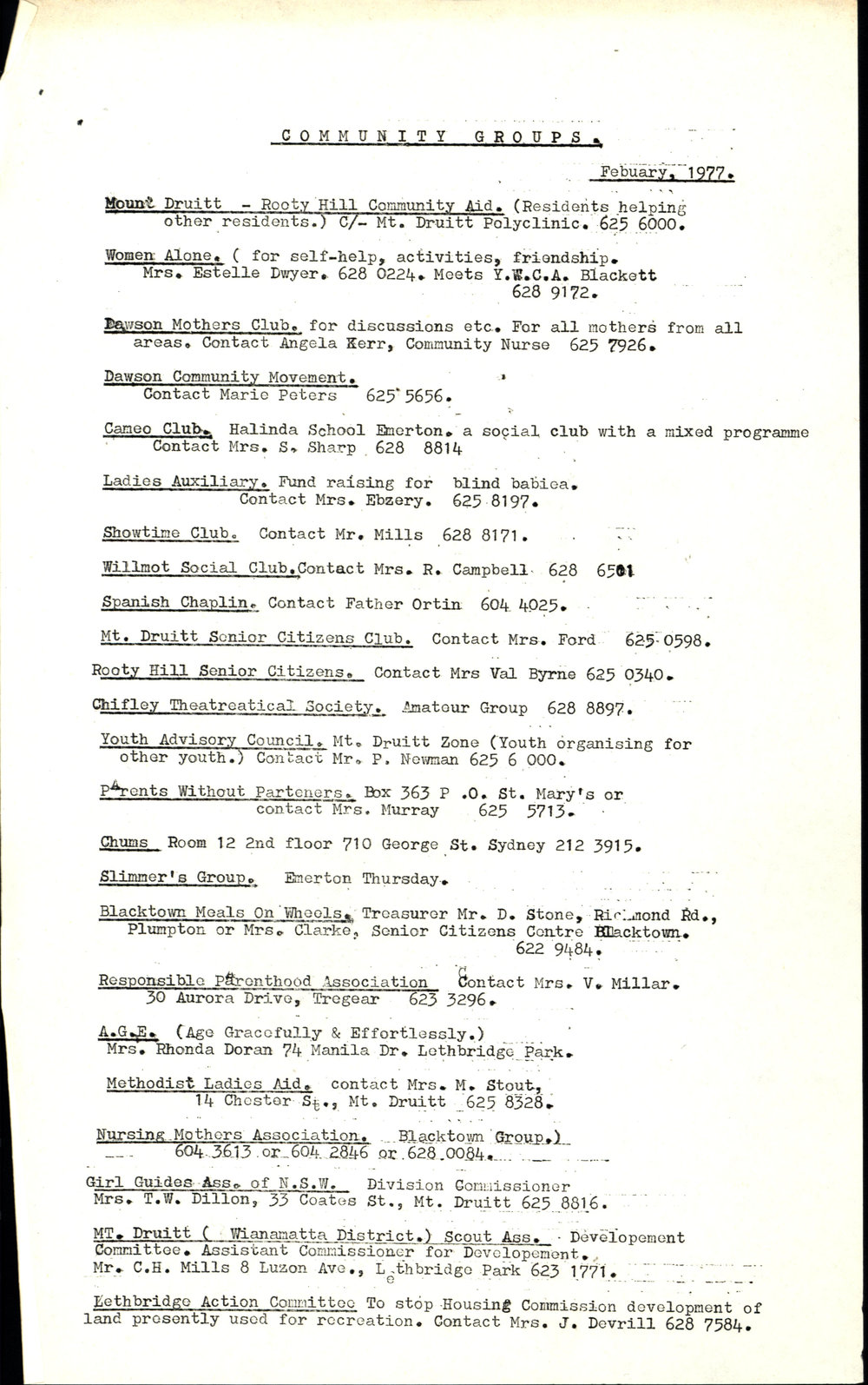 Mt Druitt Rooty Hill community directory, 1977