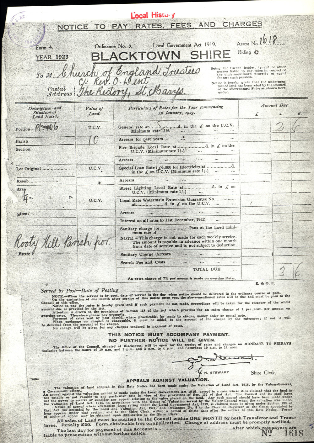 Blacktown Shire rates notice, 1923