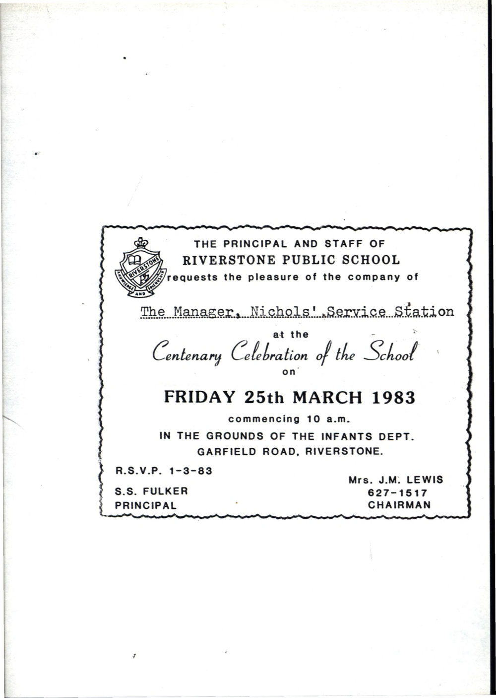 Riverstone Public School centenary invitation, 1983