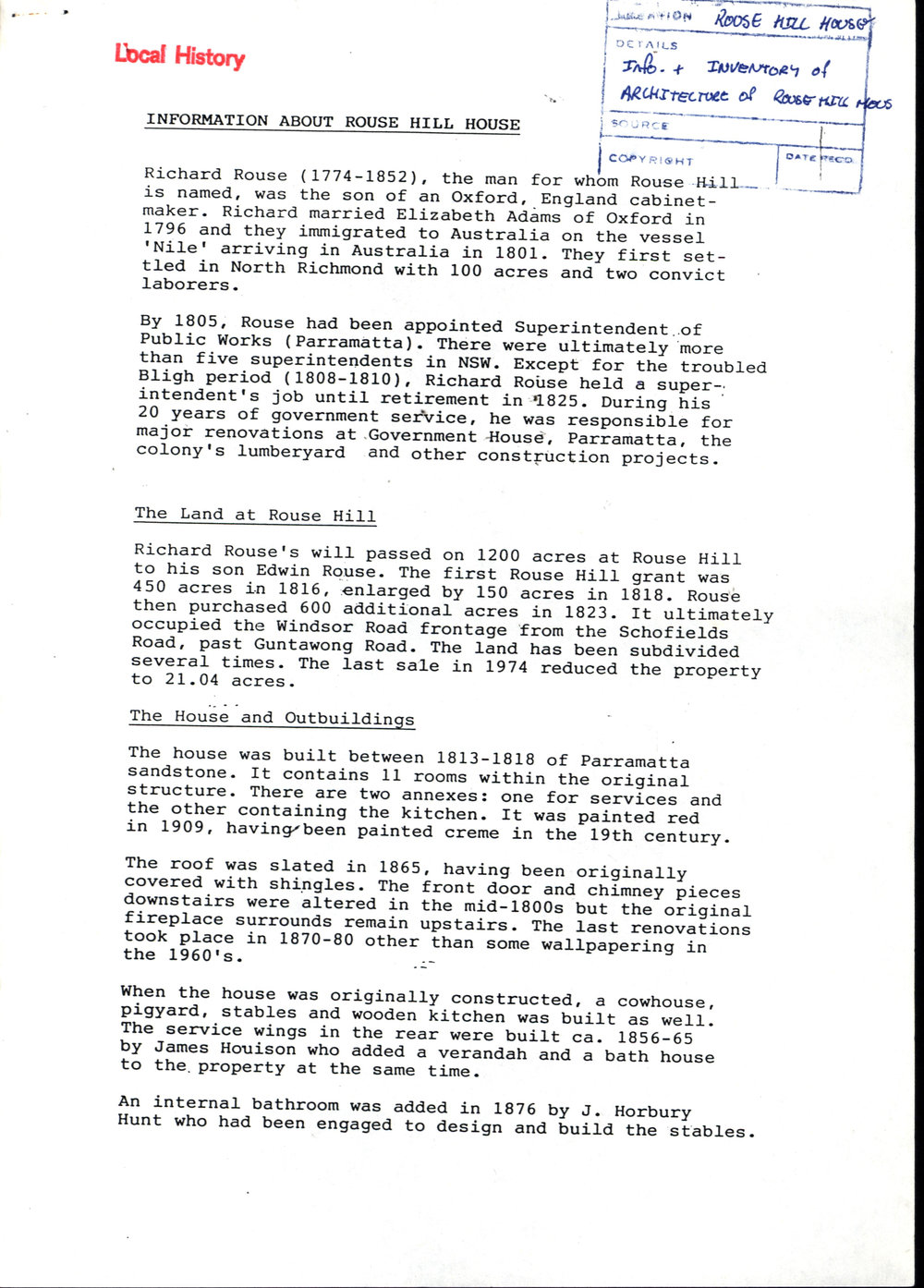Rouse Hill House - history
