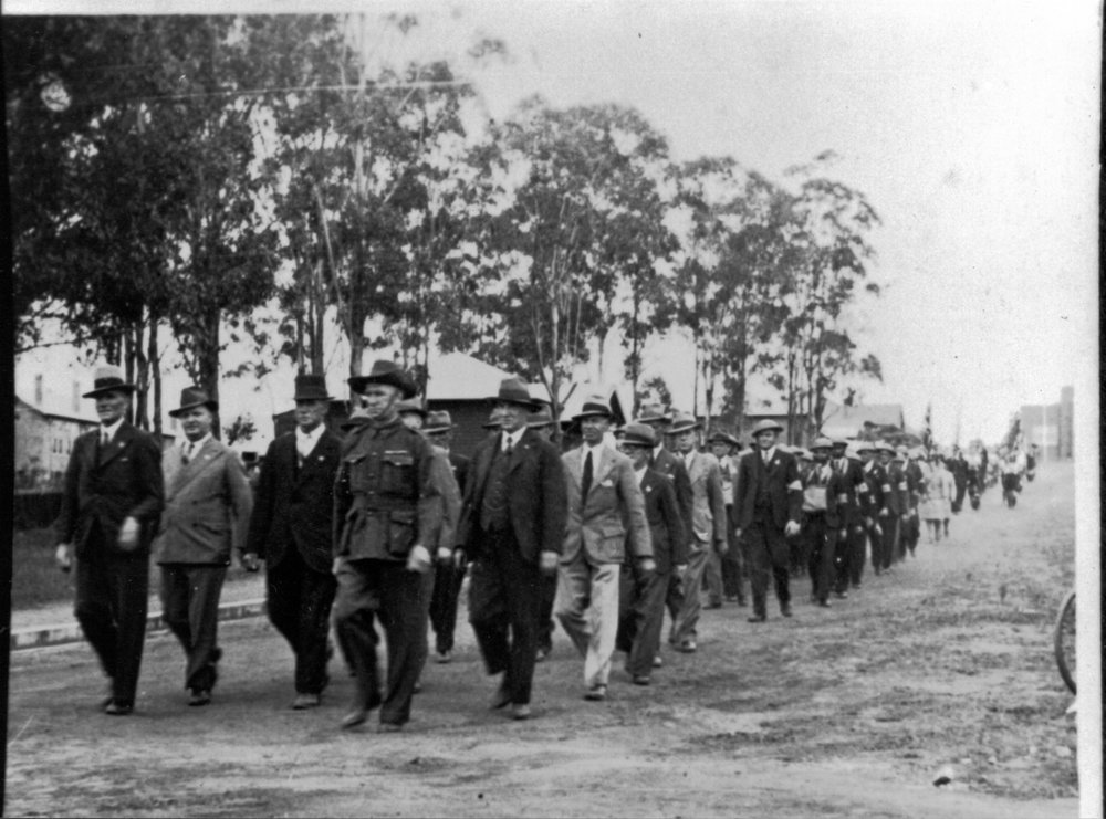 Anzac Day march or war memorial dedication.